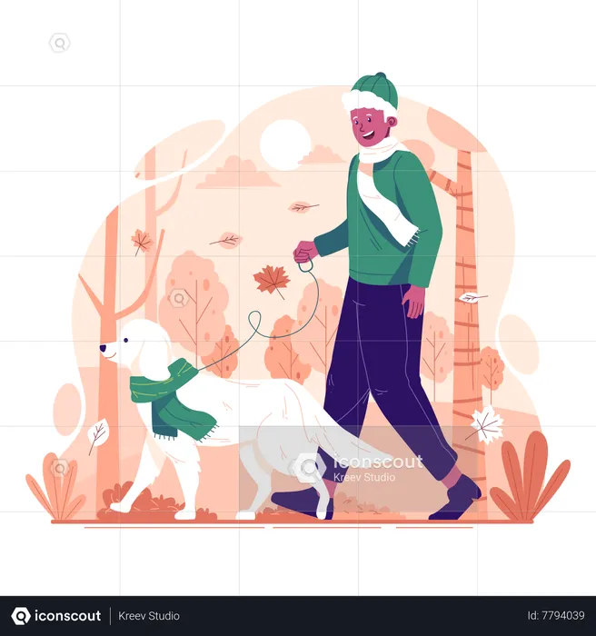 Man walking with dog in park in autumn  Illustration