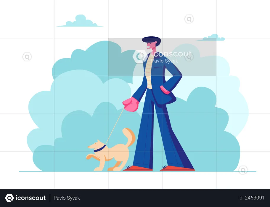 Man Walking with Dog Outdoors on Summertime  Illustration
