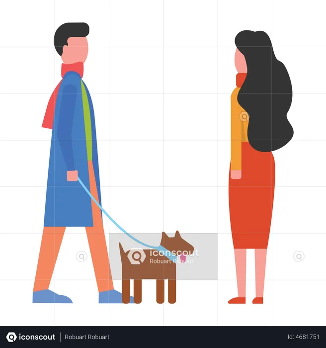 Man walking with dog while meeting friend  Illustration