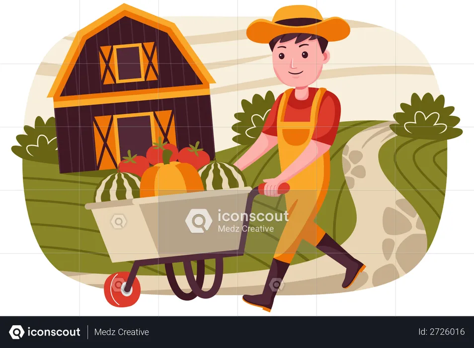Man walking with fruit trolley  Illustration