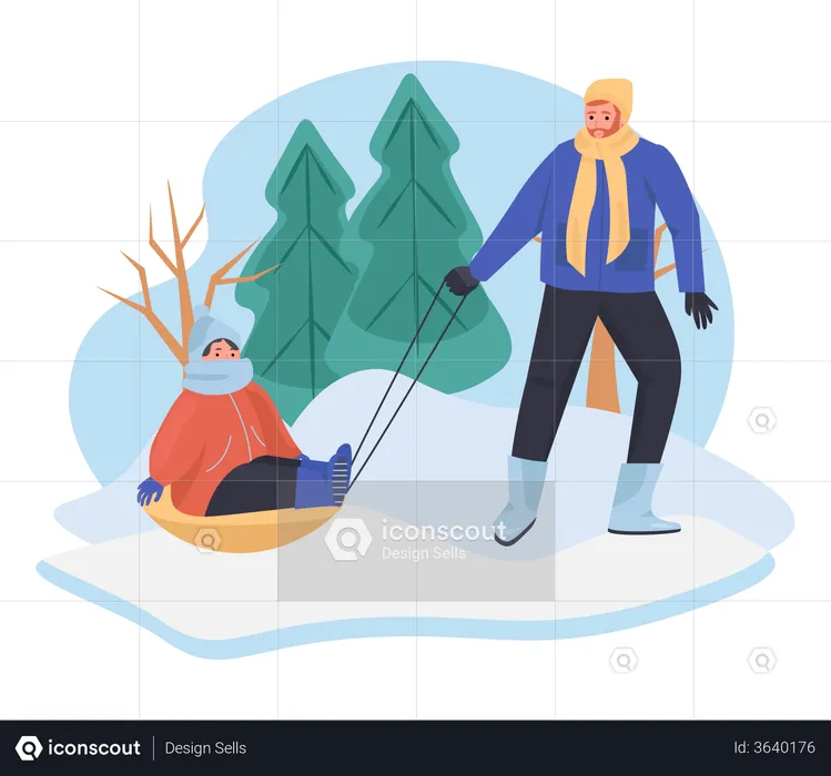 Couple enjoying sliding on sleigh in winter season  Illustration