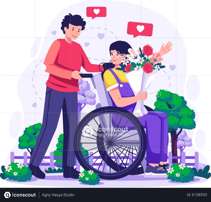 Man walking with his disabled girlfriend on Valentine's day  Illustration