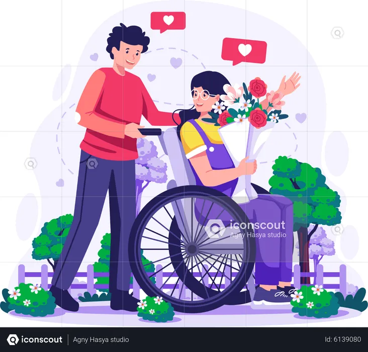 Man walking with his girlfriend who carrying flowers sitting in wheelchair for a walk in park  Illustration