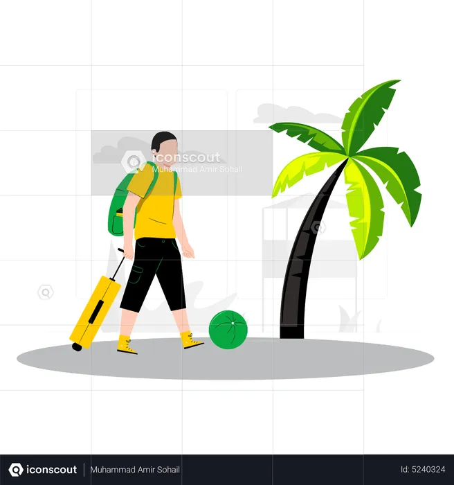 Man walking with luggage at beach  Illustration