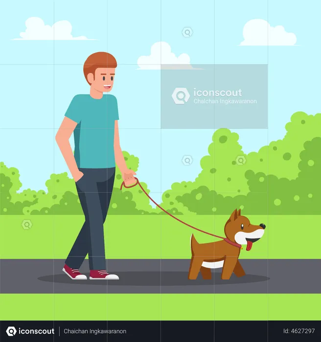 Man walking with pet dog in park  Illustration