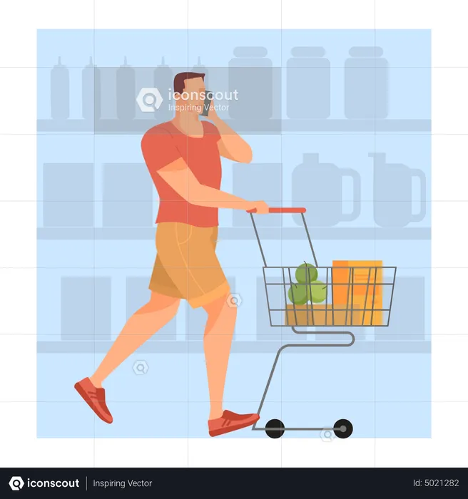 Man walking with shopping cart in supermarket  Illustration