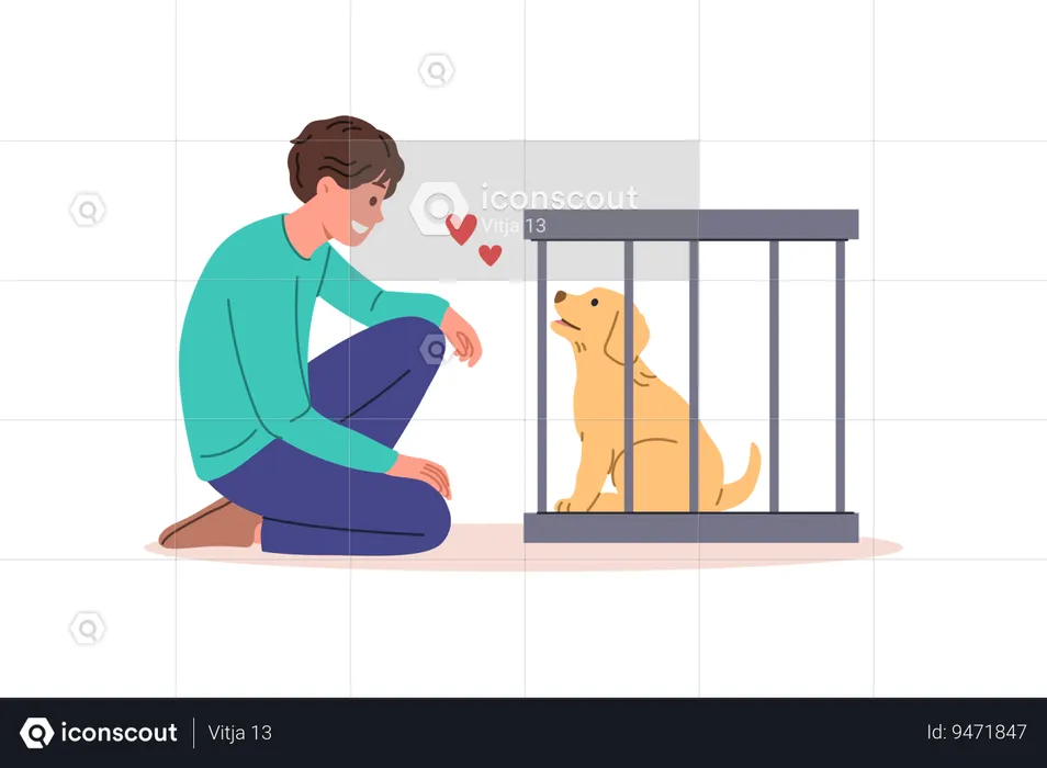 Man wants to adopt dog from shelter and become guardian for pet standing near smiling puppy in cage  Illustration