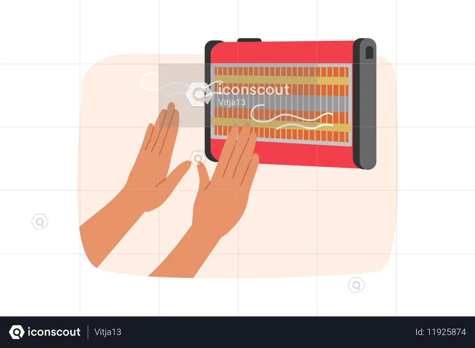 電気ヒーターを使って手を温める男性  イラスト