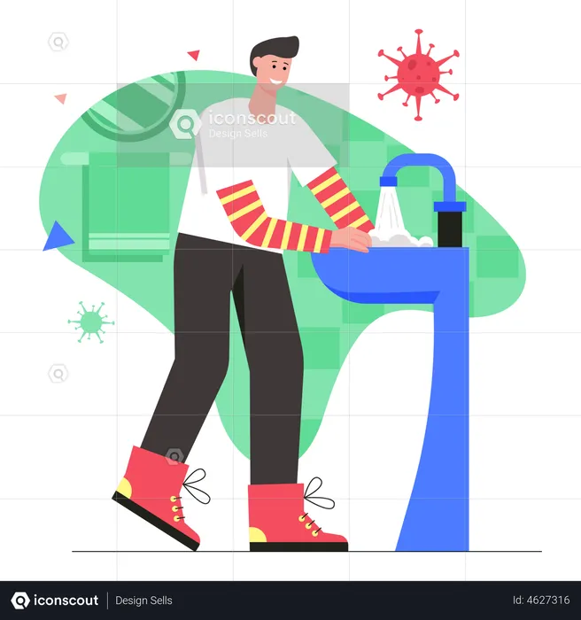 Man washes his hands with soap in sink  Illustration