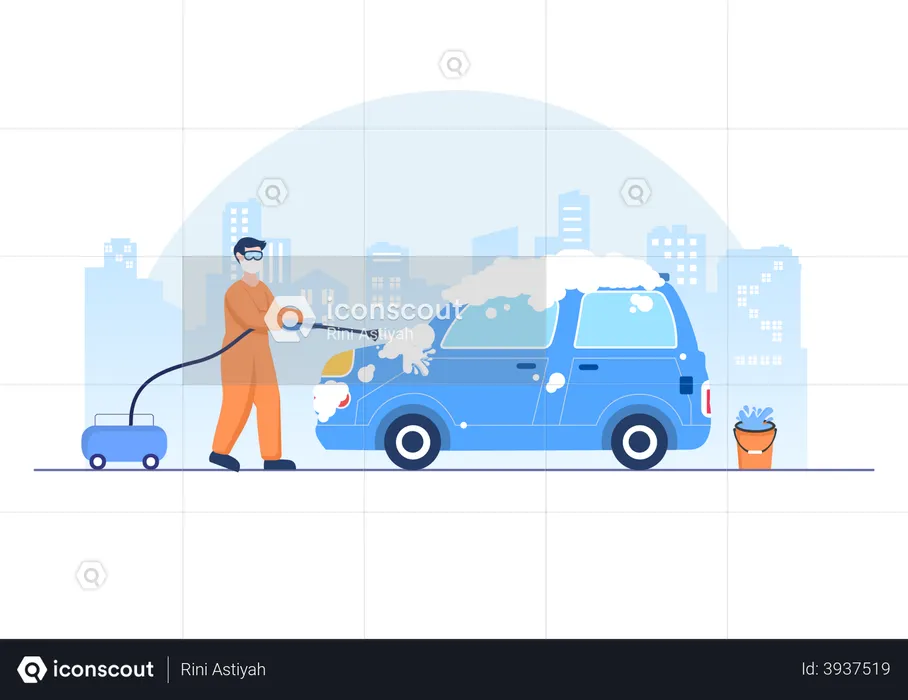 Man Washing Car  Illustration
