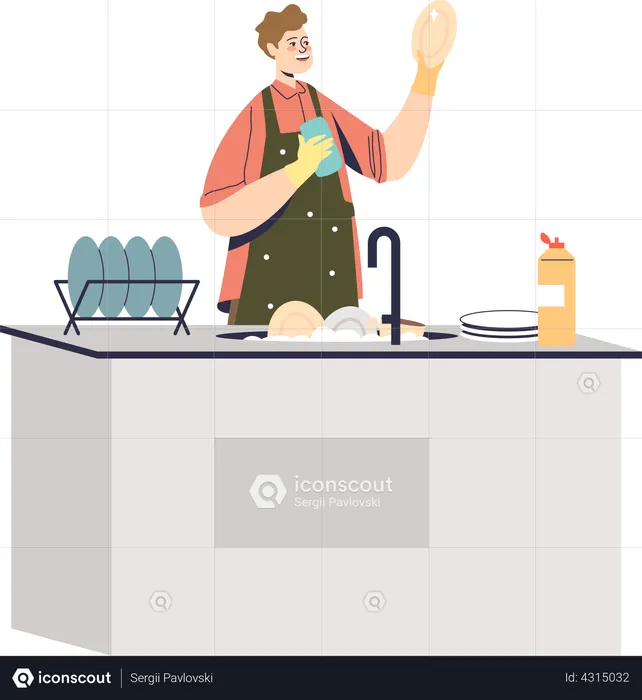 Man washing dishes at home  Illustration