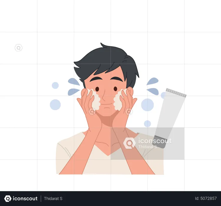 Man washing face using facial cleansing foam for acne treatment  Illustration