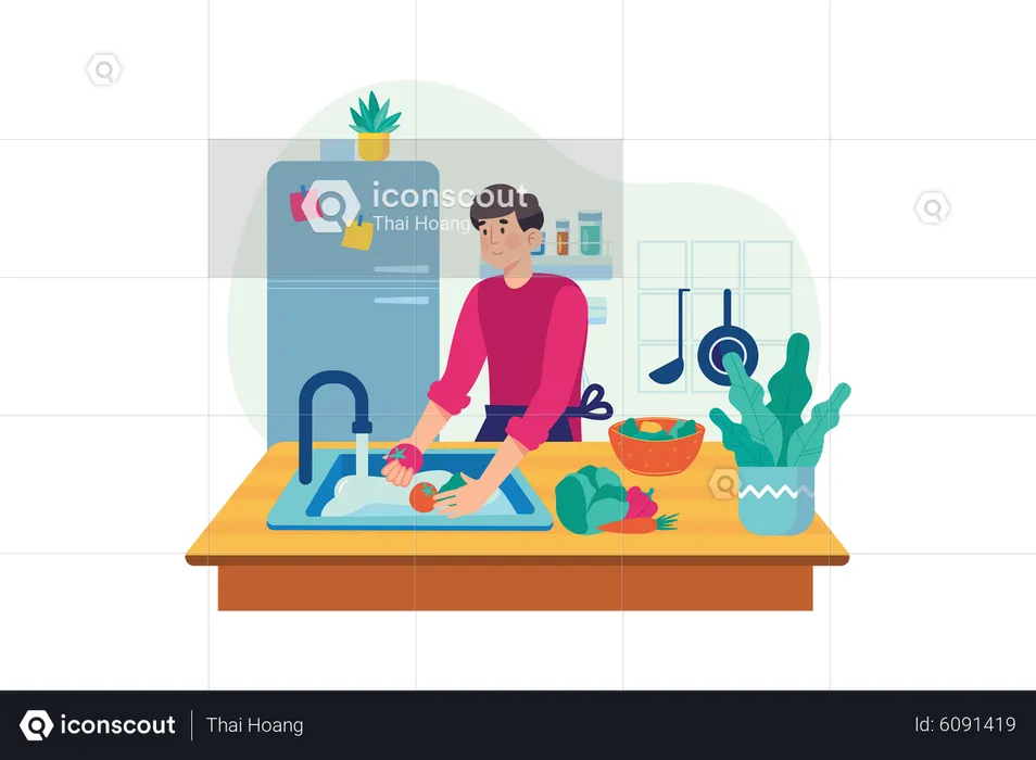Man washing vegetables in kitchen  Illustration