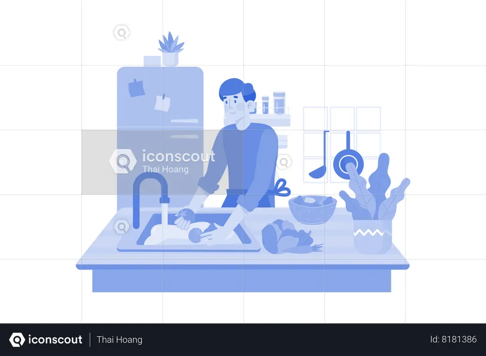 Man washing vegetables in the kitchen  Illustration
