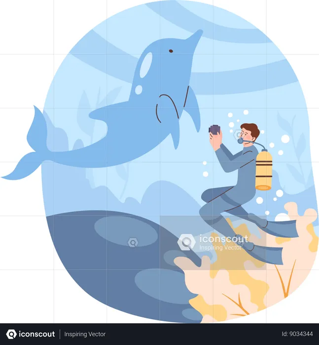Man watches dolphin in sea  Illustration