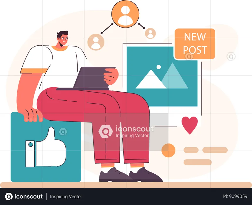 Man watching new post in laptop  Illustration