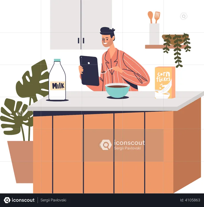 Man watching online cooking tutorial  Illustration