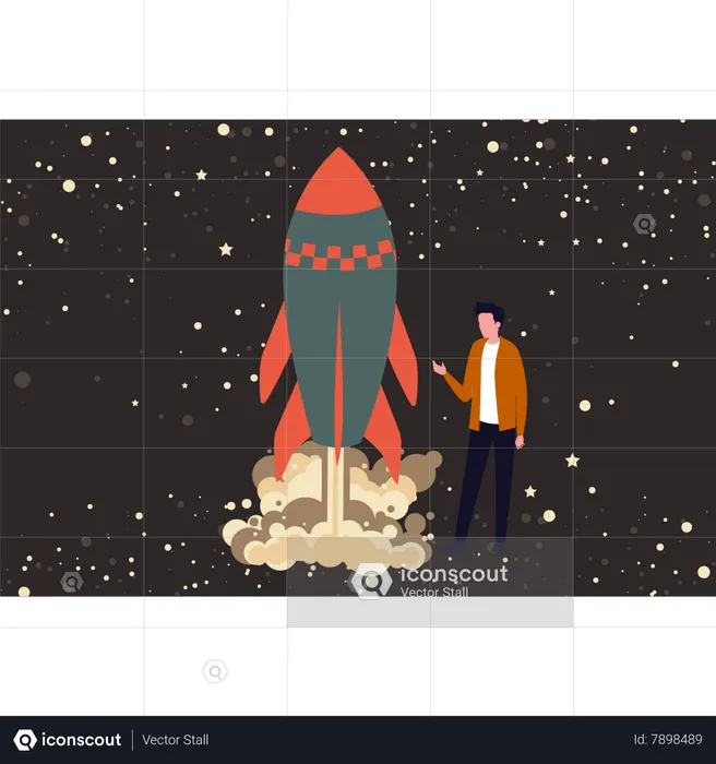 Man watching rocket launch  Illustration