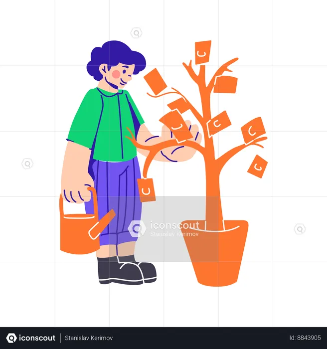 Man Watering A Tree With Money  Illustration