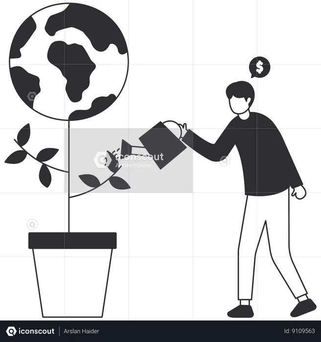 Man watering globe plant and doing Social Responsibility  Illustration