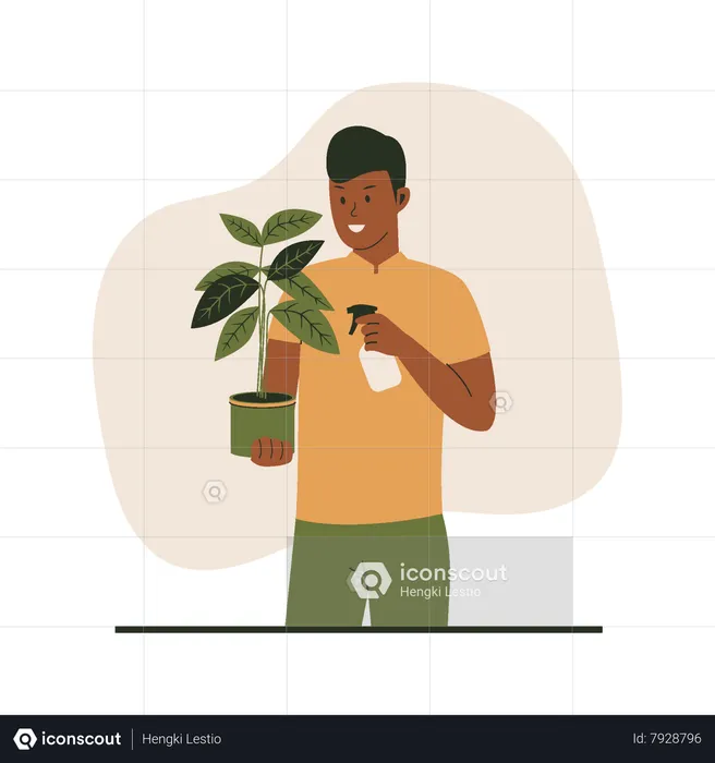 Man watering plants in pots  Illustration