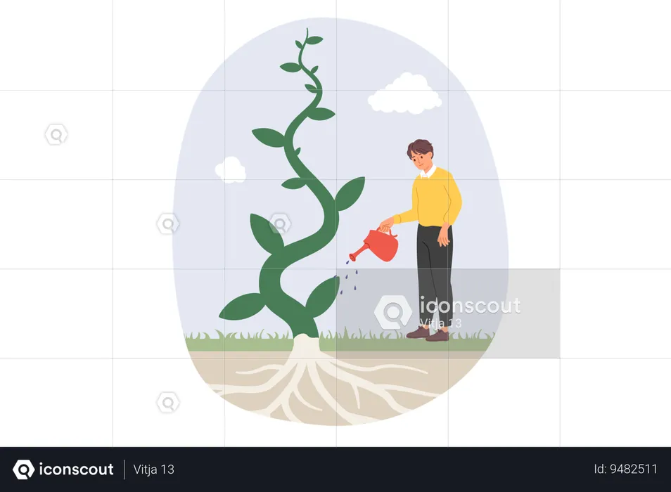 Man waters fantastic tree enjoying rapid growth of plant thanks to high-quality fertilizer  Illustration