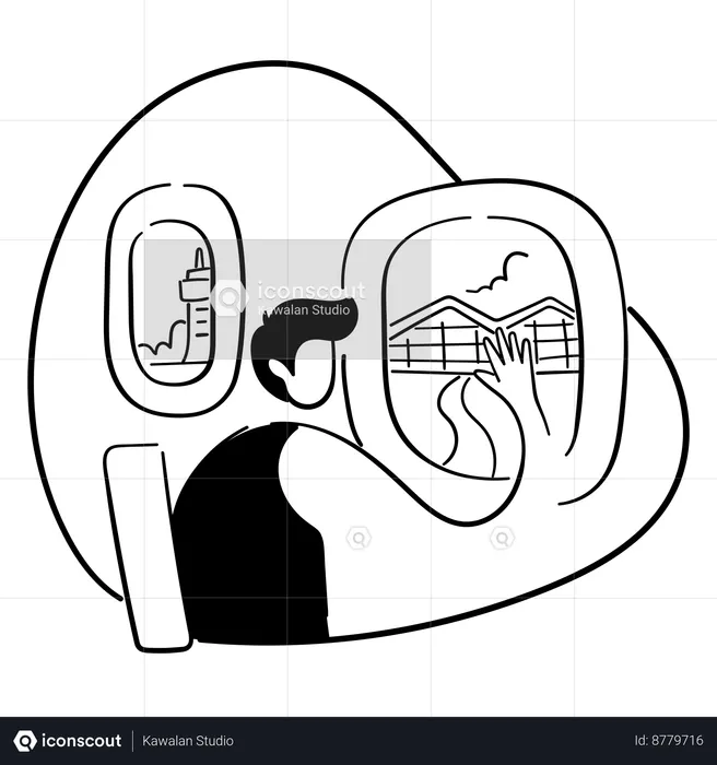 Man waving hand from planes window  Illustration