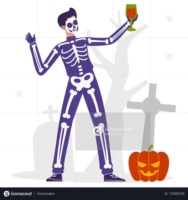 Man Wear Skeleton Costume And Holding Drink  Illustration