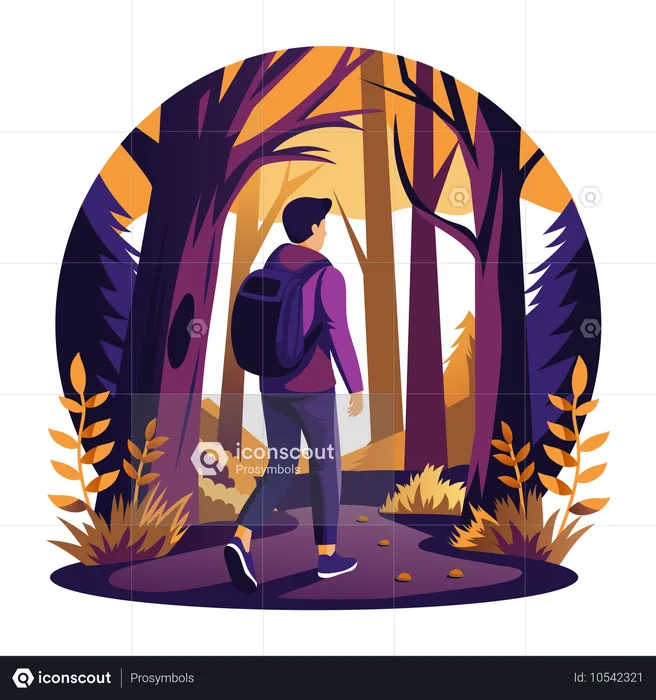 Man wearing backpack and going for forest adventure  Illustration