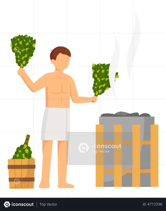Man Wearing Bath Towel Hot Steam In Sauna Bathing  Illustration