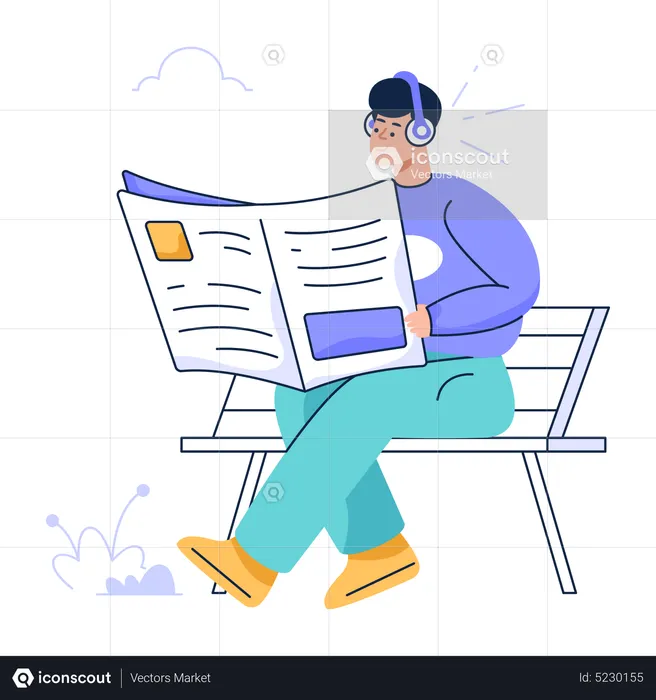 Man wearing headphone while reading Newspaper  Illustration