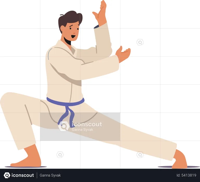 Man wearing kimono doing karate  Illustration