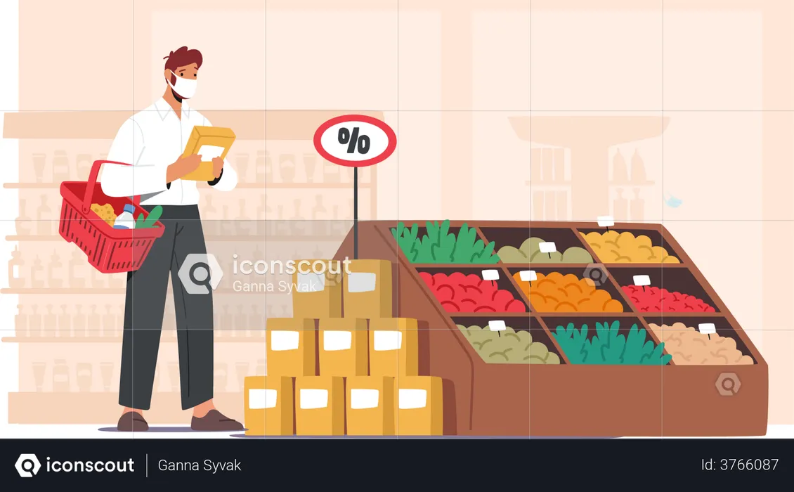 Man wearing mask and shopping for vegetables  Illustration