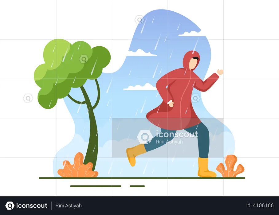 Man wearing raincoat running  Illustration