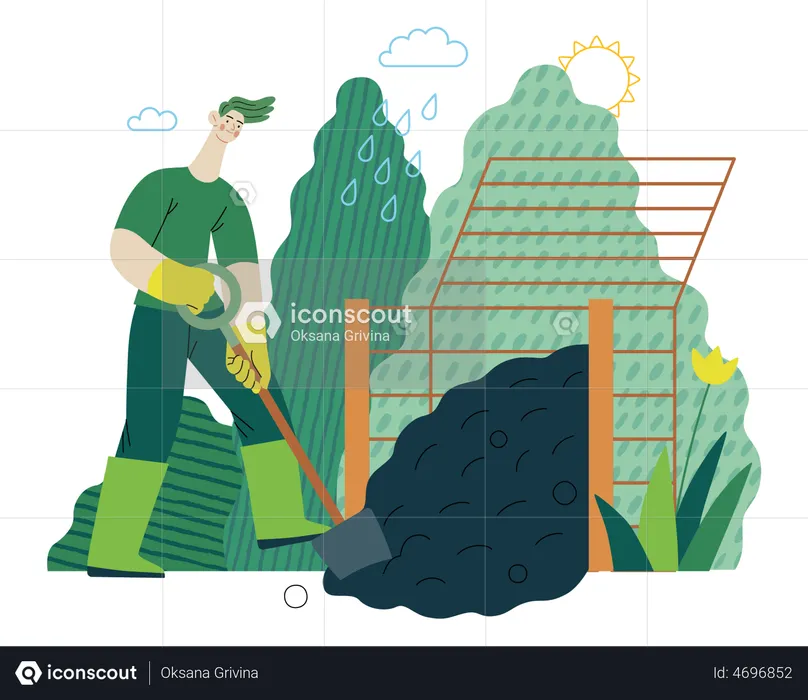 Man wearing rubber boots digging composter  Illustration