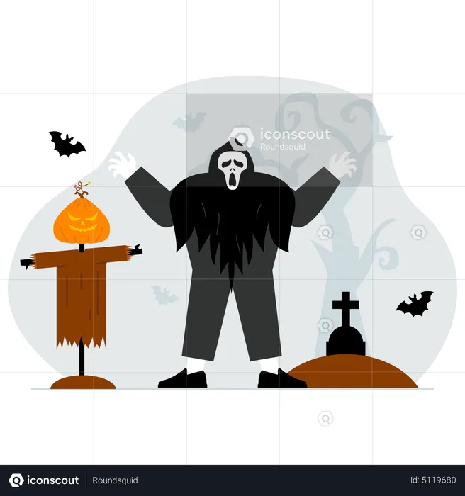 Man wearing scary costume to scare everyone  Illustration