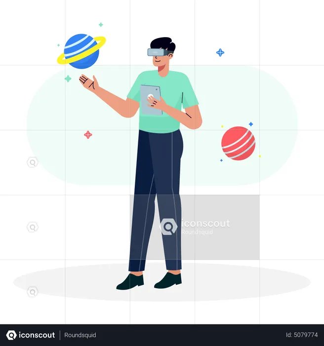 Man wearing VR glasses and enjoying Virtual Space  Illustration