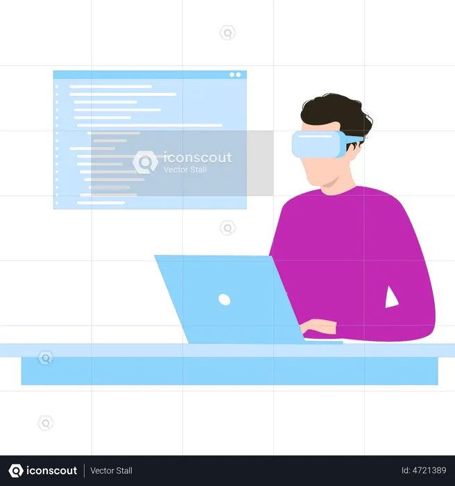 Man wearing VR glasses and working on software programming on his laptop  Illustration