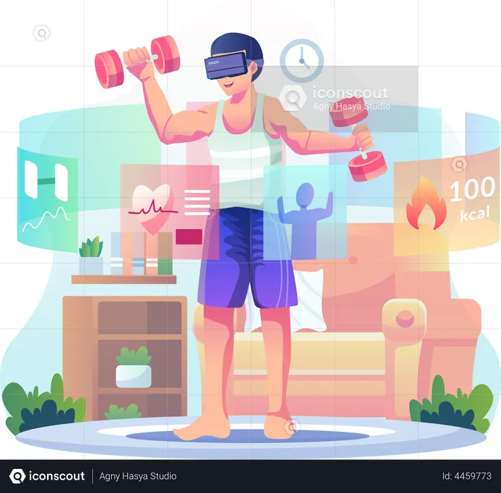 Man wearing VR glasses doing a workout at home  Illustration