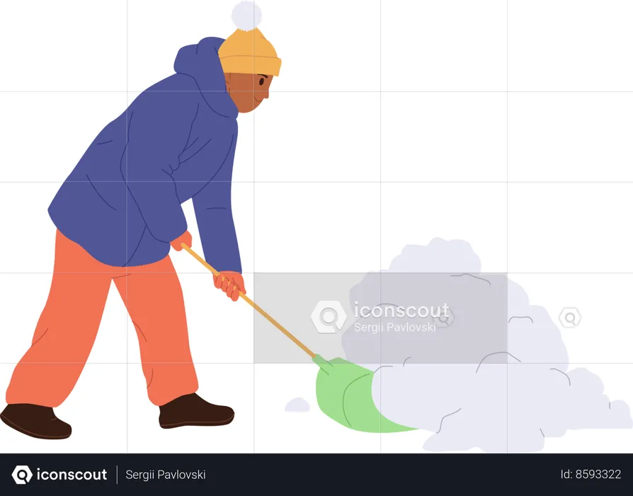 Man wearing warm outwear cleaning street from snow with shovel  Illustration