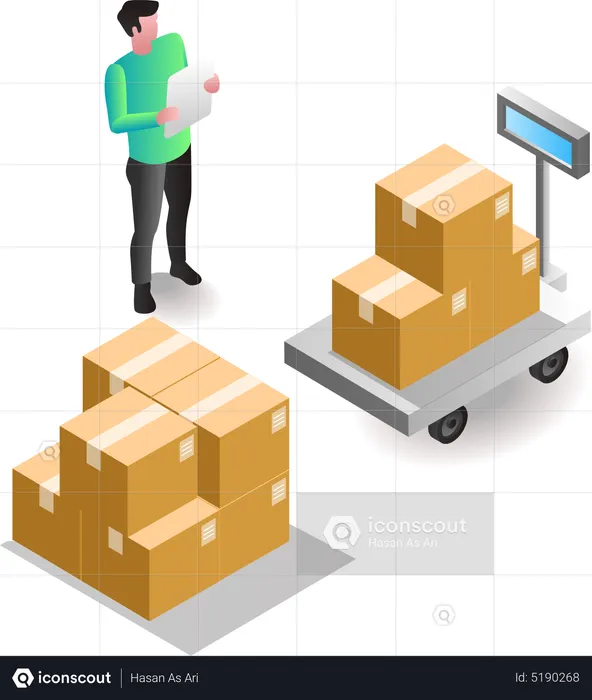 Man weighing goods in warehouse  Illustration