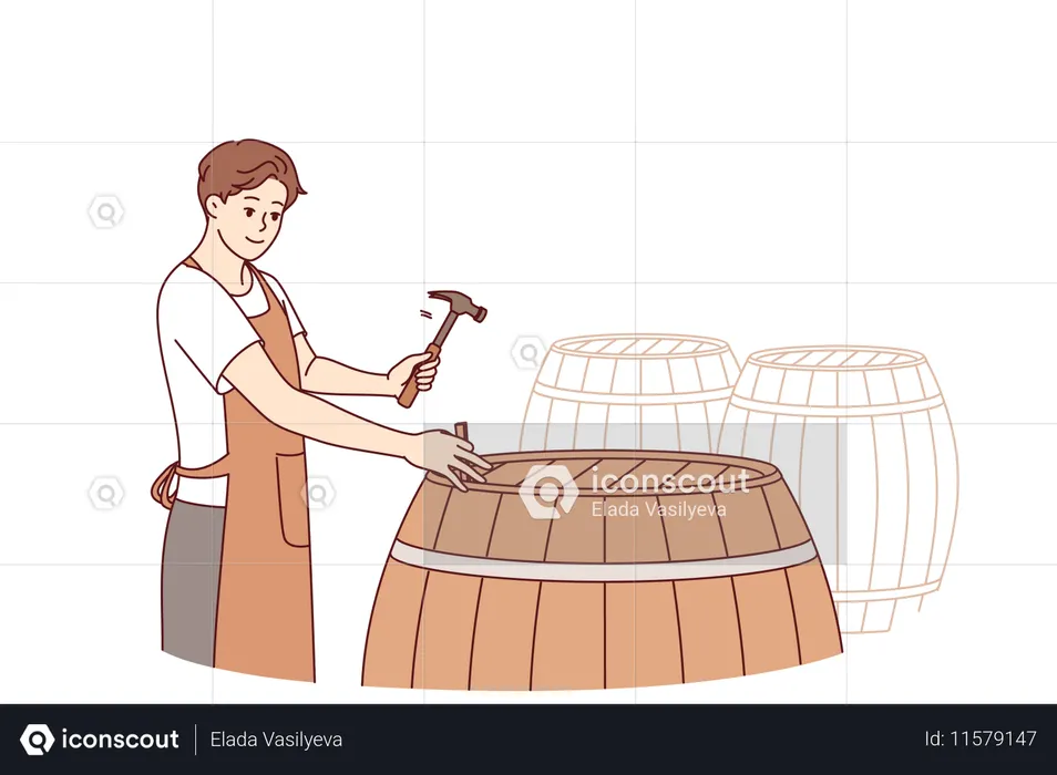Man winemaker opens barrel with finished drink to taste bordeaux made from organic grapes  Illustration