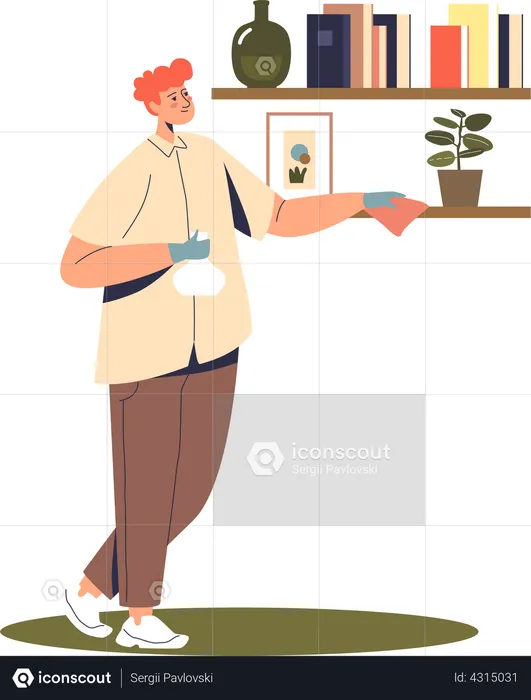 Man wiping dust at home  Illustration