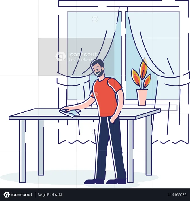 Man wiping dust from table on kitchen  Illustration