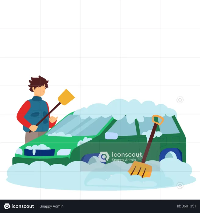 Man wiping off snow from car  Illustration