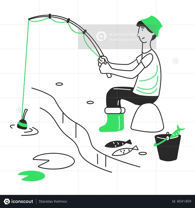 Man with a fishing rod is fishing on the shore  Illustration