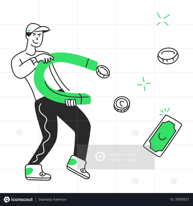 Man with a magnet attracts coins  Illustration