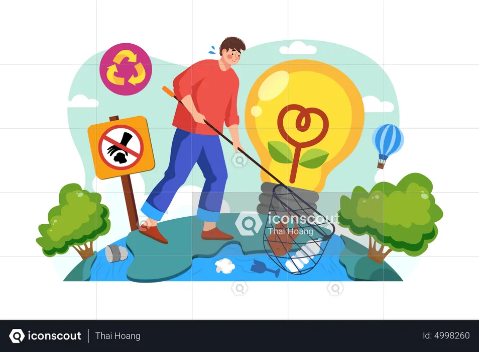 Man With A Net Catches Floating Plastic From The River  Illustration