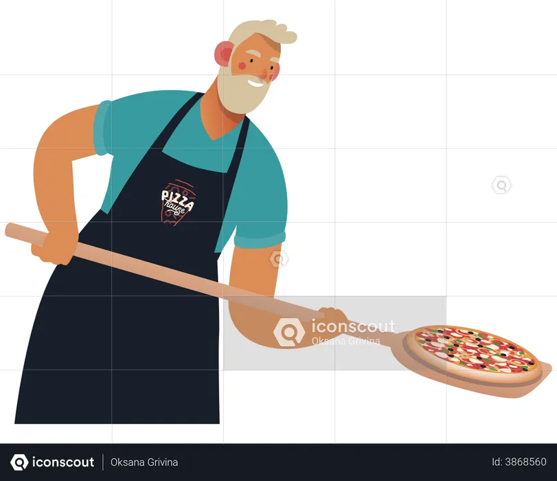 Man with a wooden peel putting pizza into the oven  Illustration