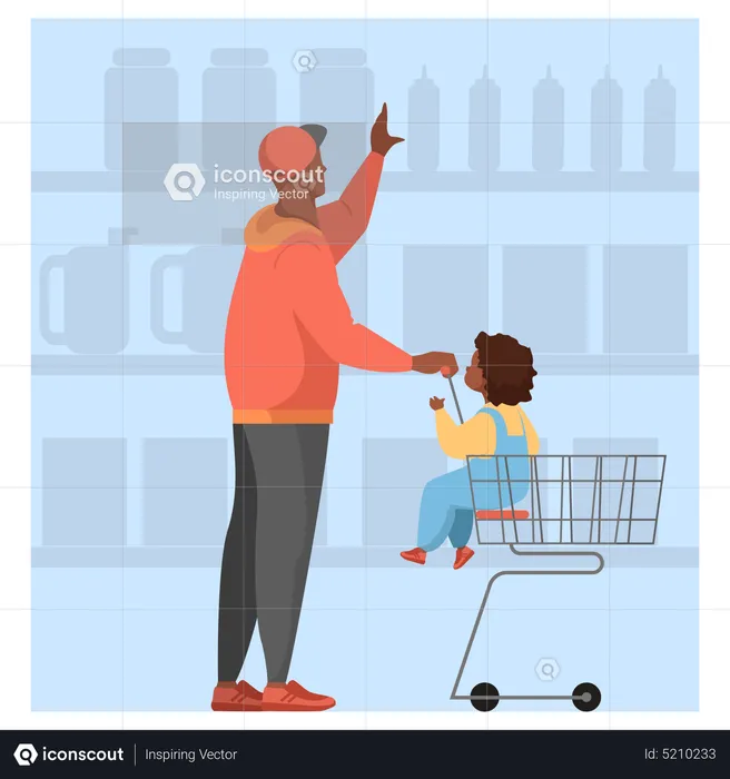 Man with baby walking with shopping cart in supermarket  Illustration